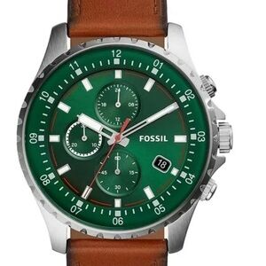 Fossil Men's Green Dial Chronograph Watch with Brown Leather Strap